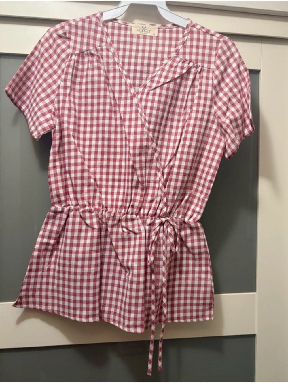 Hopely red Gingham Drawstring Peplum Blouse